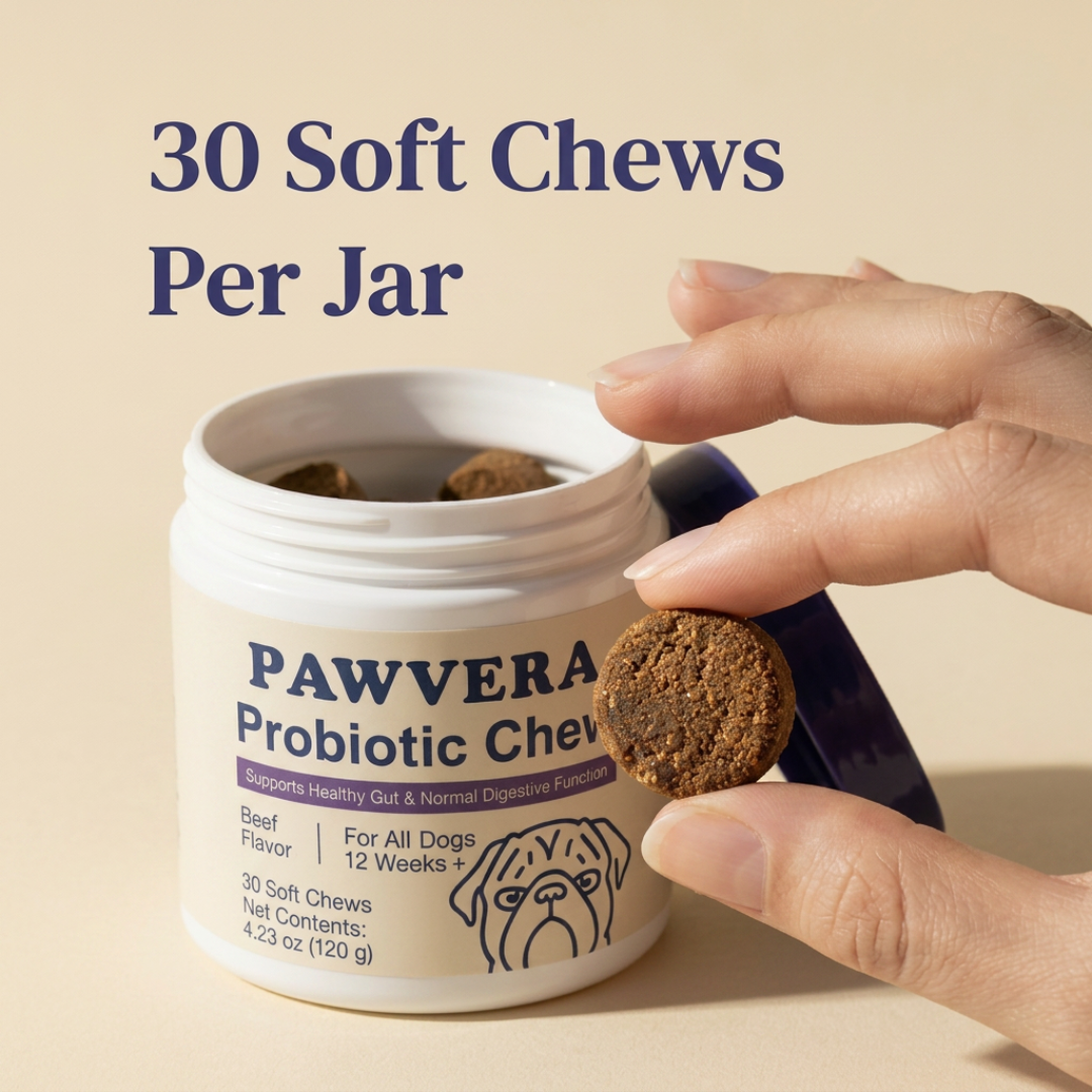 Pawvera probiotic soft chews for dogs with 30 chews per jar for daily gut and digestion support