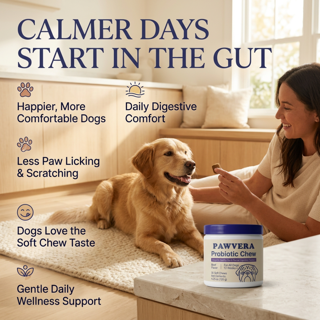 Australian dog owner giving Pawvera probiotic chews to support digestion, gut health, and paw comfort