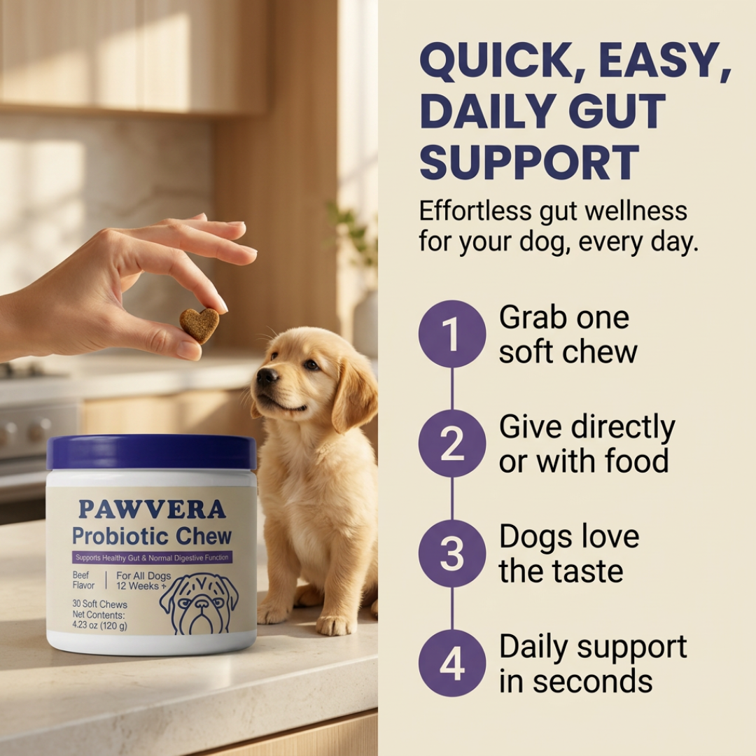 Puppy receiving Pawvera probiotic soft chew for daily gut health and digestion support