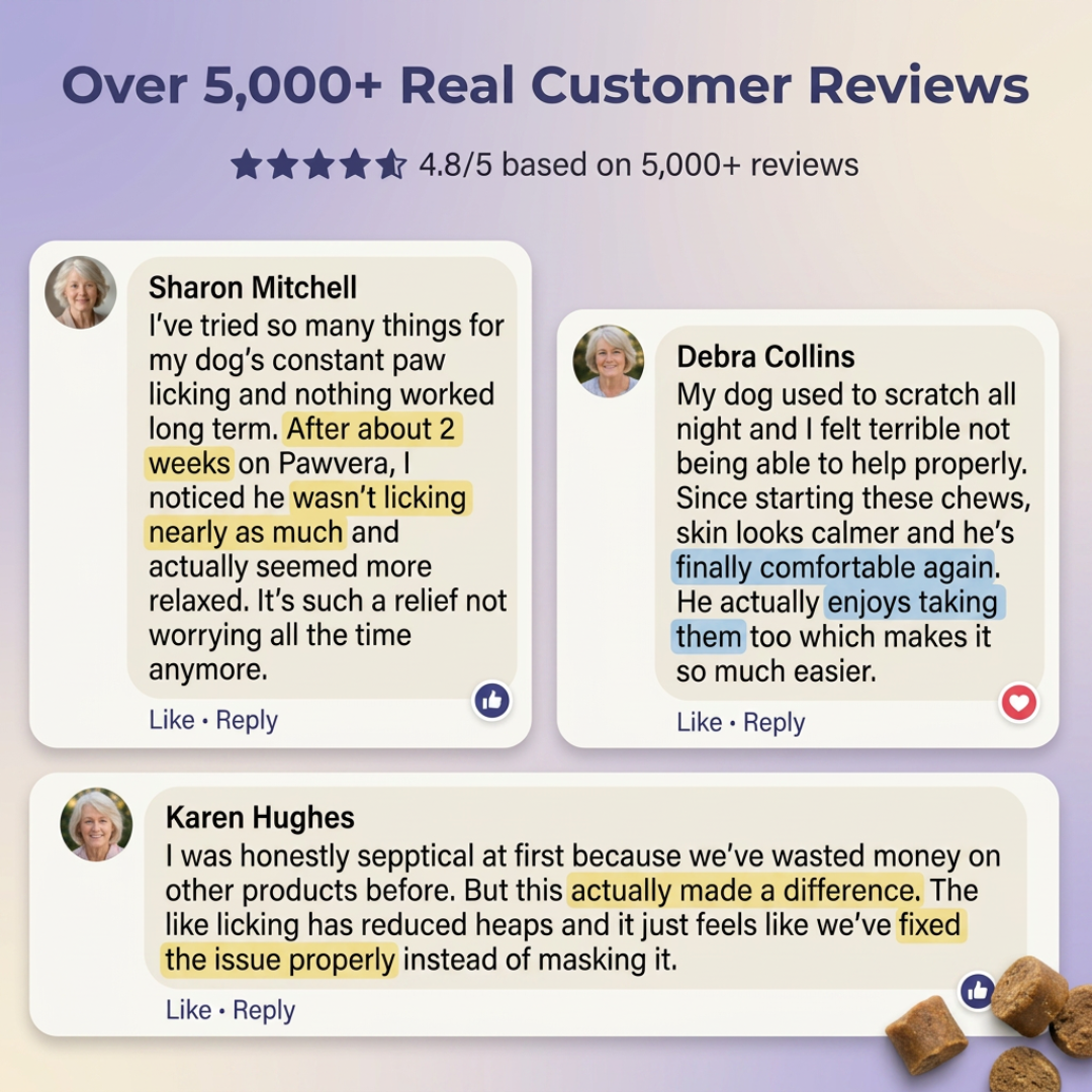 Customer reviews for Pawvera probiotic chews supporting dogs with paw licking, itching, and gut health concerns