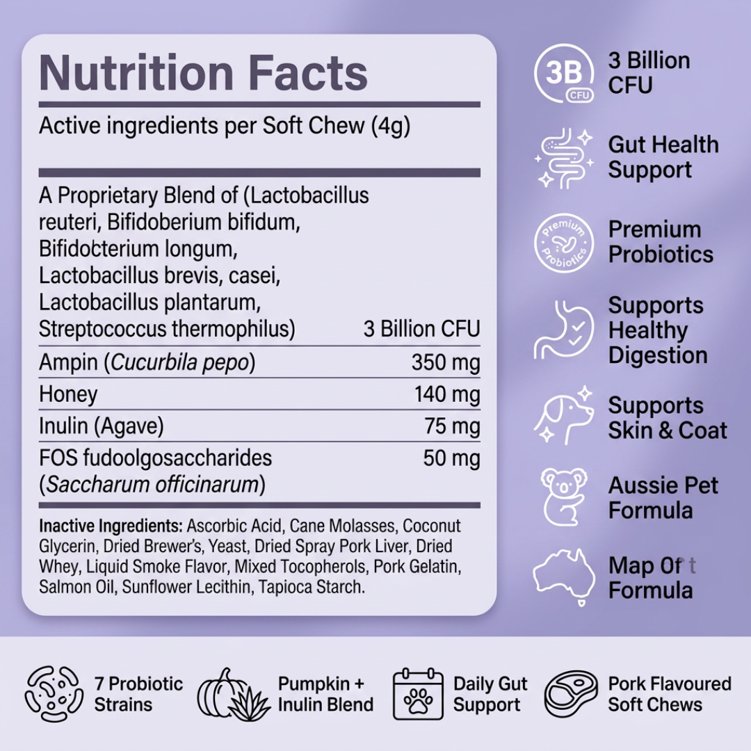 Nutrition facts and probiotic ingredients inside Pawvera soft chews for dog gut health and digestion support