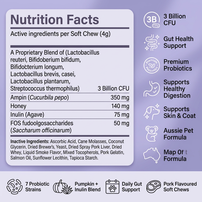 Nutrition facts and probiotic ingredients inside Pawvera soft chews for dog gut health and digestion support