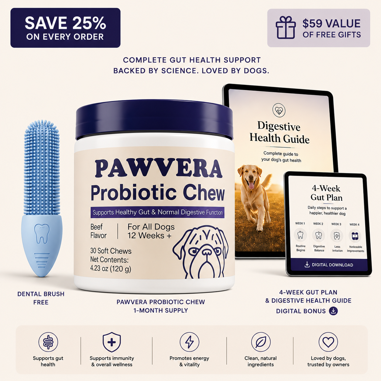 Premium studio product image for Pawvera Probiotic Chew featuring a large probiotic tub with a navy lid, free dental brush, and digital wellness bonuses including a 4-Week Gut Plan and Digestive Health Guide. Clean cream background with modern Australian pet wellness branding, save 25% badge, and $59 value free gifts promotion